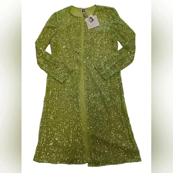 Anne Klein NWT Sequined  Duster Open Cardi LS Sheer Bright Green Size Small - Picture 6 of 11